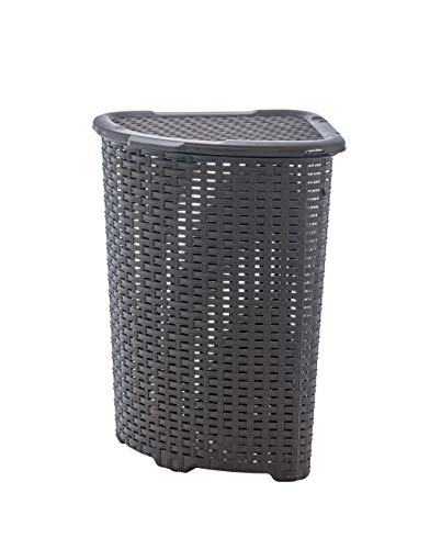 Corner Laundry Hamper Basket with Lid 50 Liter - Brown Wicker Hamper, Durable, Lightweight Bin with Cutout Handles - Storage Dirty Cloths Curved Shape Design Fits Bathroom, Door, Closet. By Superio