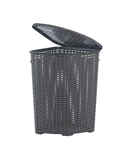 Corner Laundry Hamper Basket with Lid 50 Liter - Brown Wicker Hamper, Durable, Lightweight Bin with Cutout Handles - Storage Dirty Cloths Curved Shape Design Fits Bathroom, Door, Closet. By Superio