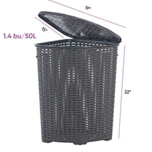 Corner Laundry Hamper Basket with Lid 50 Liter - Brown Wicker Hamper, Durable, Lightweight Bin with Cutout Handles - Storage Dirty Cloths Curved Shape Design Fits Bathroom, Door, Closet. By Superio