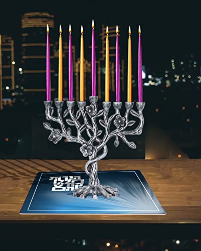 Chanukah Menorah Drip Tray - “Haneiros Hallalu” Hanukkah Glass Serving Platter - 16 Inch x 12 Inch Blue Glass Tray - Ner Mitzvah