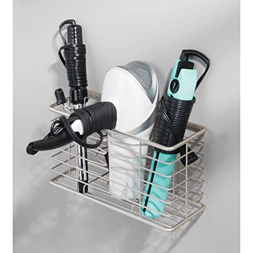 mDesign Steel Wall Mount Hair Dryer Storage Organizer - Hair Styling Tool Basket for Bathroom and Bedroom - Holds Hair Dryer, Flat Iron, Curling Wand, Hair Straightener - Linelle Collection - Satin