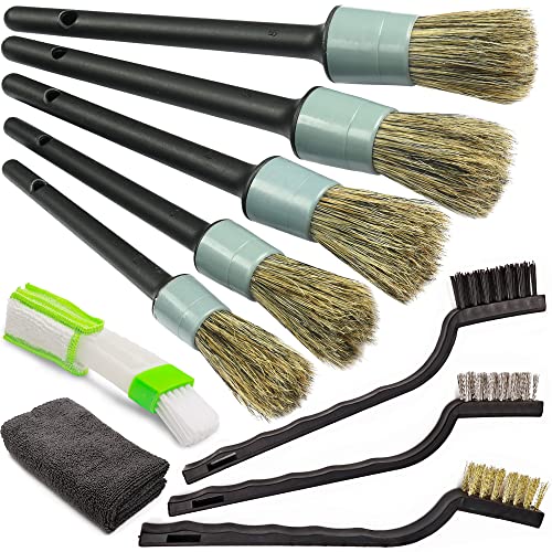 TAKAVU Boar Hair Detailing Brush Set, 5pcs Detail Brushes, 3pcs Wire Brush, Air Conditioner Brush & Microfiber Towel for Cleaning Engine, Wheel, Interior, Air Vent, Emblem, Car, Motorcycle