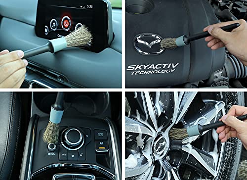 TAKAVU Boar Hair Detailing Brush Set, 5pcs Detail Brushes, 3pcs Wire Brush, Air Conditioner Brush & Microfiber Towel for Cleaning Engine, Wheel, Interior, Air Vent, Emblem, Car, Motorcycle