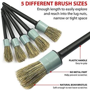 TAKAVU Boar Hair Detailing Brush Set, 5pcs Detail Brushes, 3pcs Wire Brush, Air Conditioner Brush & Microfiber Towel for Cleaning Engine, Wheel, Interior, Air Vent, Emblem, Car, Motorcycle