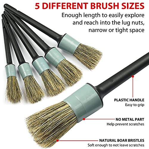 TAKAVU Boar Hair Detailing Brush Set, 5pcs Detail Brushes, 3pcs Wire Brush, Air Conditioner Brush & Microfiber Towel for Cleaning Engine, Wheel, Interior, Air Vent, Emblem, Car, Motorcycle