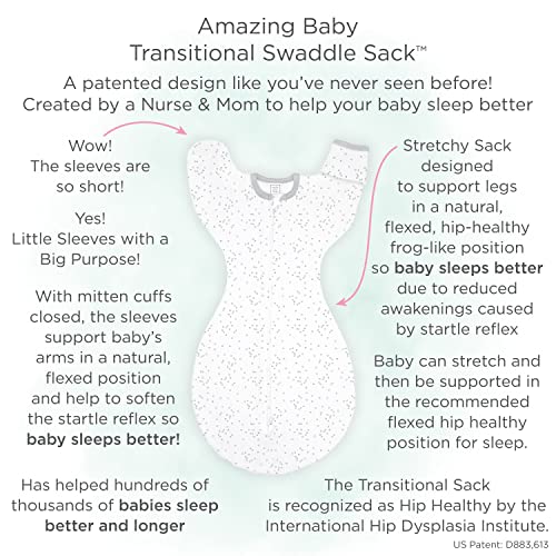 Amazing Baby Transitional Swaddle Sack with Arms Up Half-Length Sleeves and Mitten Cuffs, Tiny Elephants, Sterling, Medium, 3-6 months, 14-21 lbs (Better Sleep for Baby, Easy Swaddle Transition)