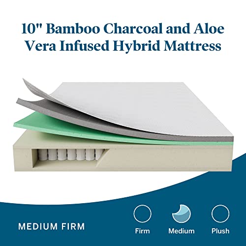 Lucid 10 Inch Hybrid Mattress – Bamboo Charcoal and Aloe Vera Infused- Memory Foam Mattress- Moisture Wicking – Odor Reducing