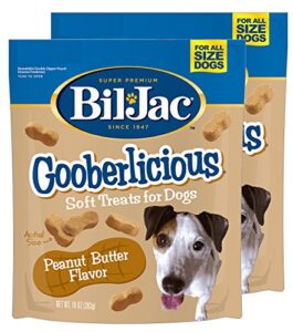 bil-jac gooberlicious soft treats for dogs - puppy training treat rewards, 10oz resealable double zipper pouch, peanut butter flavor chicken liver dog treats (2-pack)