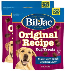 bil-jac dog treats - original recipe chicken liver soft puppy training treat rewards, 10oz resealable double zipper pouch (2-pack)