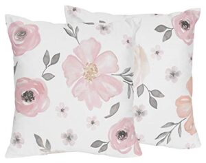 sweet jojo designs blush pink, grey and white decorative accent throw pillows for watercolor floral collection set of 2