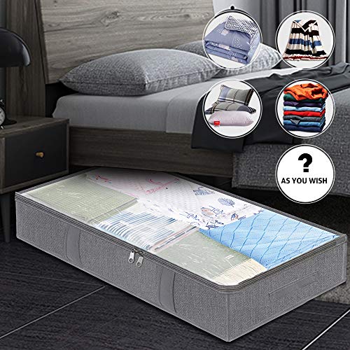 homyfort Underbed Storage Bags Containers 2 Pack - Large Capacity Under Bed Storage Box with 4 Handles and Sturdy Zippers,Clear Window for Blankets,Clothes,Comforters (Grey)