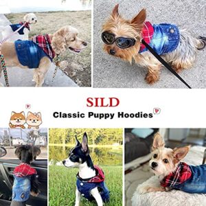 SILD Pet Clothes Dog Jeans Jacket Cool Blue Denim Coat Small Medium Dogs Lapel Vests Classic Hoodies Puppy Blue Vintage Washed Clothes (Plaid Hat,XS)