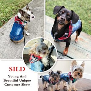 SILD Pet Clothes Dog Jeans Jacket Cool Blue Denim Coat Small Medium Dogs Lapel Vests Classic Hoodies Puppy Blue Vintage Washed Clothes (Plaid Hat,XS)