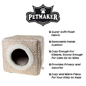 Cat Pet Bed Cave- Indoor Enclosed Covered Cavern/House for Cats Kittens and Small Pets with Removable Cushion Pad by PETMAKER, Tan/White Animal Print