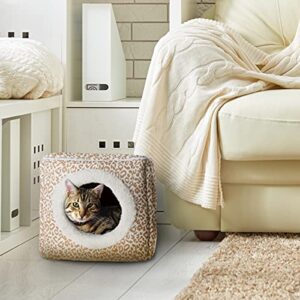 Cat Pet Bed Cave- Indoor Enclosed Covered Cavern/House for Cats Kittens and Small Pets with Removable Cushion Pad by PETMAKER, Tan/White Animal Print