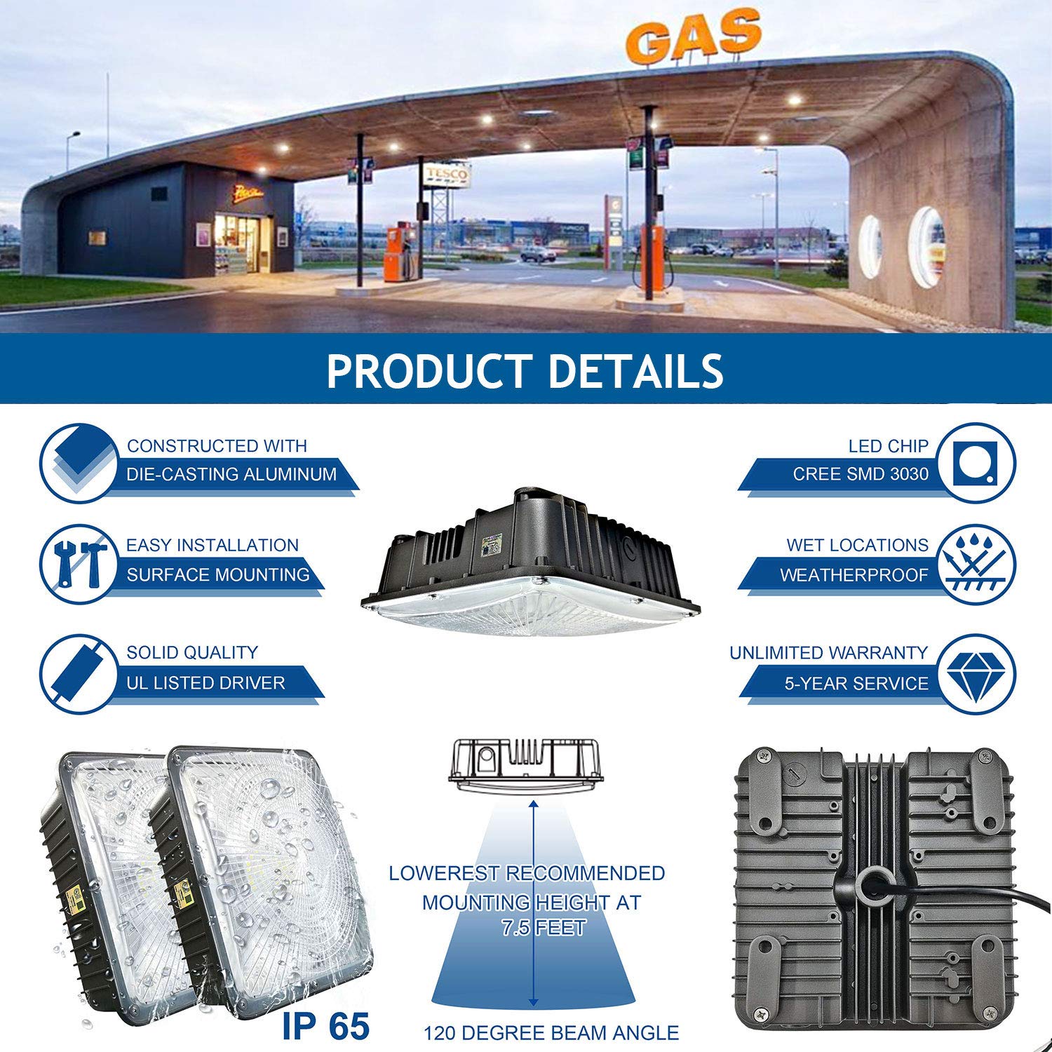 75W LED Canopy Light with UL Listed and DLC Certified,5000K,8625LM,300-350W HPS/HID Canopy Light Replacement,Waterproof and Outdoor Rated,Gas Station, Street, Area & Outdoor Lighting, 5 Year-Warranty.