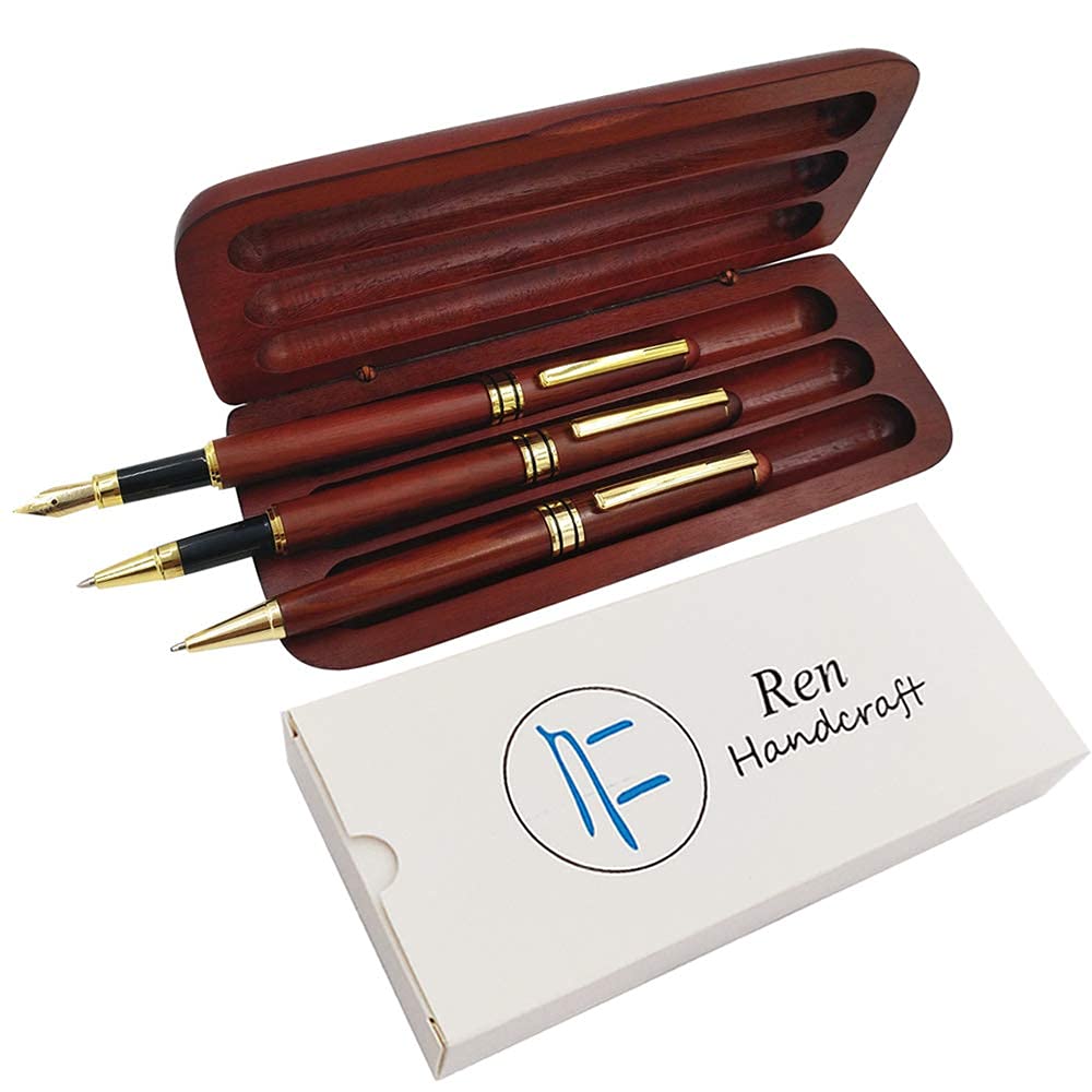 3 Pcs Wooden Pens Set with Gift Case/Best Writing Fountain Fancy Ballpoint Pen and Luxury Gel Pen with Ink Refills, Promotional Business Designer Pens