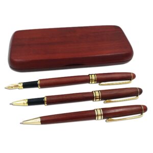 3 Pcs Wooden Pens Set with Gift Case/Best Writing Fountain Fancy Ballpoint Pen and Luxury Gel Pen with Ink Refills, Promotional Business Designer Pens