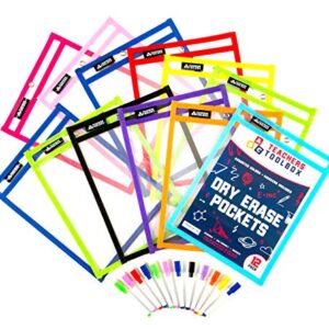 Dry Erase Pockets 12pc [10” x 13”] +Free PENS +Bonus 900 Downloadable Worksheets! Write and Wipe Reusable Plastic Sheet Protectors for Classroom Organization & Teaching Supplies by Teachers Toolbox