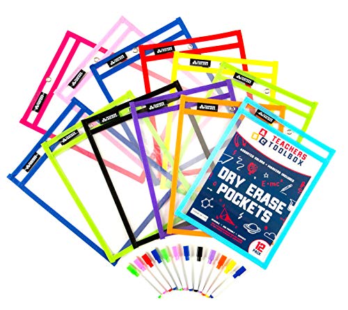 Dry Erase Pockets 12pc [10” x 13”] +Free PENS +Bonus 900 Downloadable Worksheets! Write and Wipe Reusable Plastic Sheet Protectors for Classroom Organization & Teaching Supplies by Teachers Toolbox