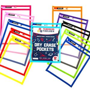 Dry Erase Pockets 12pc [10” x 13”] +Free PENS +Bonus 900 Downloadable Worksheets! Write and Wipe Reusable Plastic Sheet Protectors for Classroom Organization & Teaching Supplies by Teachers Toolbox