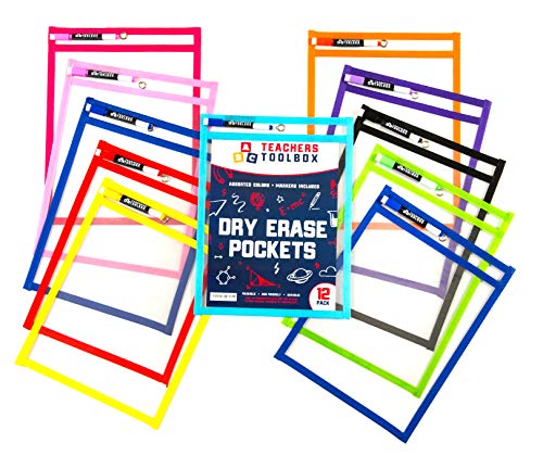 Dry Erase Pockets 12pc [10” x 13”] +Free PENS +Bonus 900 Downloadable Worksheets! Write and Wipe Reusable Plastic Sheet Protectors for Classroom Organization & Teaching Supplies by Teachers Toolbox