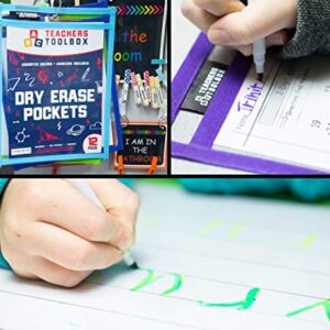 Dry Erase Pockets 12pc [10” x 13”] +Free PENS +Bonus 900 Downloadable Worksheets! Write and Wipe Reusable Plastic Sheet Protectors for Classroom Organization & Teaching Supplies by Teachers Toolbox