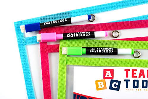 Dry Erase Pockets 12pc [10” x 13”] +Free PENS +Bonus 900 Downloadable Worksheets! Write and Wipe Reusable Plastic Sheet Protectors for Classroom Organization & Teaching Supplies by Teachers Toolbox