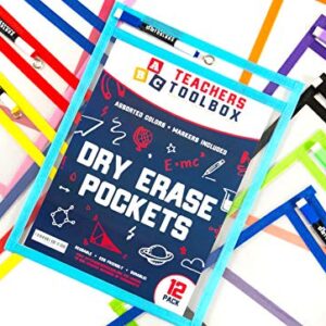 Dry Erase Pockets 12pc [10” x 13”] +Free PENS +Bonus 900 Downloadable Worksheets! Write and Wipe Reusable Plastic Sheet Protectors for Classroom Organization & Teaching Supplies by Teachers Toolbox