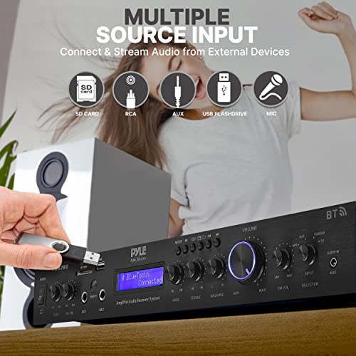 Pyle - PDA7BU (Black) - 5 Channel Rack Mount Bluetooth Receiver, Home Theater Amp, Speaker Amplifier, Bluetooth Wireless Streaming, MP3/USB/SD/AUX/FM Radio, 200 Watt, with Digital ID3 LCD Display