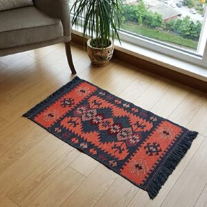 secret sea collection modern bohemian style small area rug, 2' x 3' ft, cotton, washable, reversible (charcoal grey-orange)