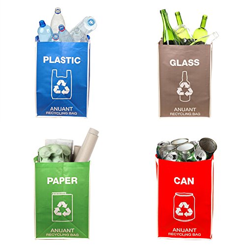 ANUANT Separate Recycling Waste Bin Bags for Kitchen Office in Home - Recycle Garbage Trash Sorting Bins Organizer Waterproof Baskets Compartment Container Big Size 4 Bags Set