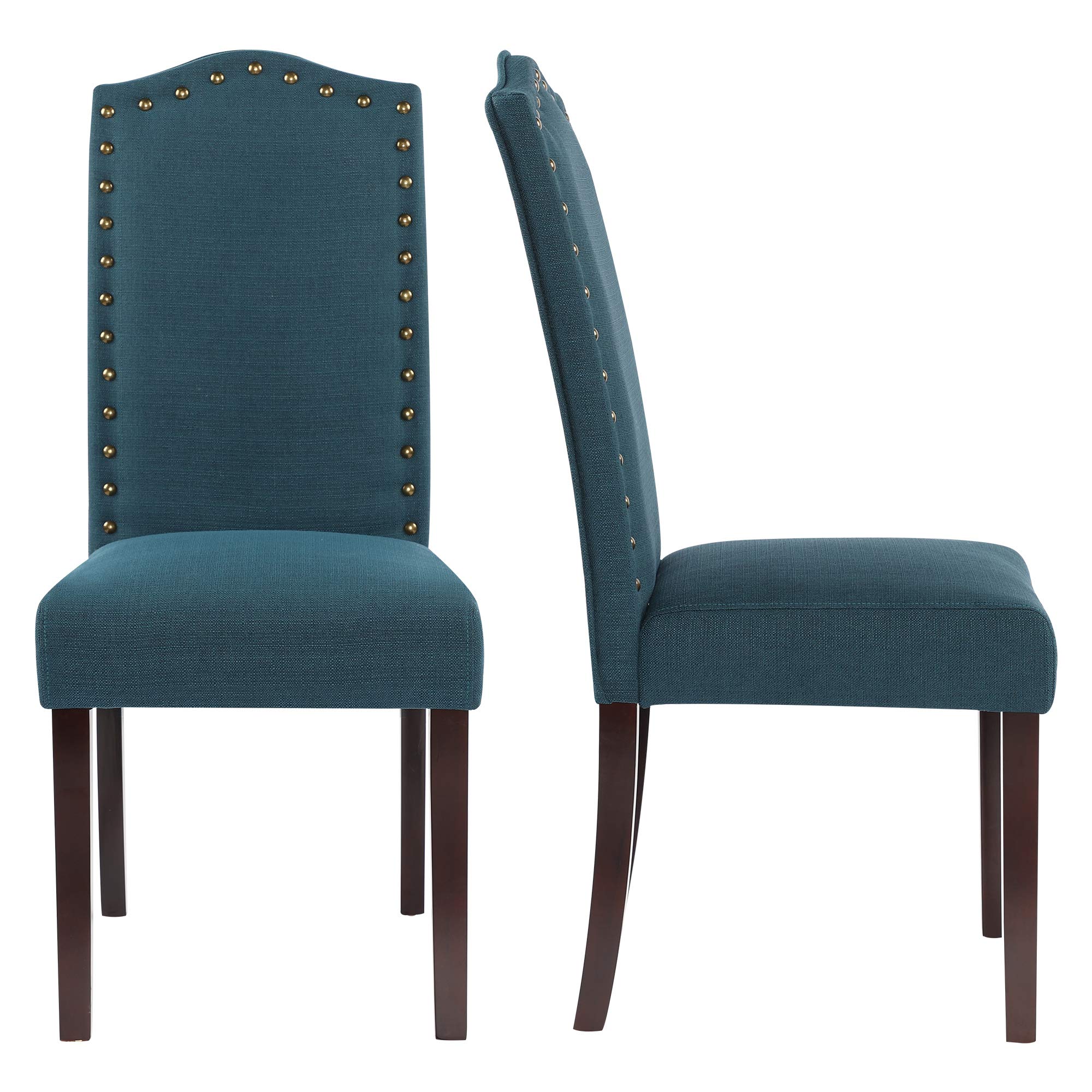 LSSBOUGHT Set of 2 Luxurious Fabric Dining Chairs with Copper Nails and Solid Wood Legs (Teal)