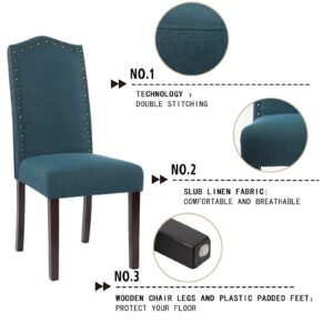 LSSBOUGHT Set of 2 Luxurious Fabric Dining Chairs with Copper Nails and Solid Wood Legs (Teal)