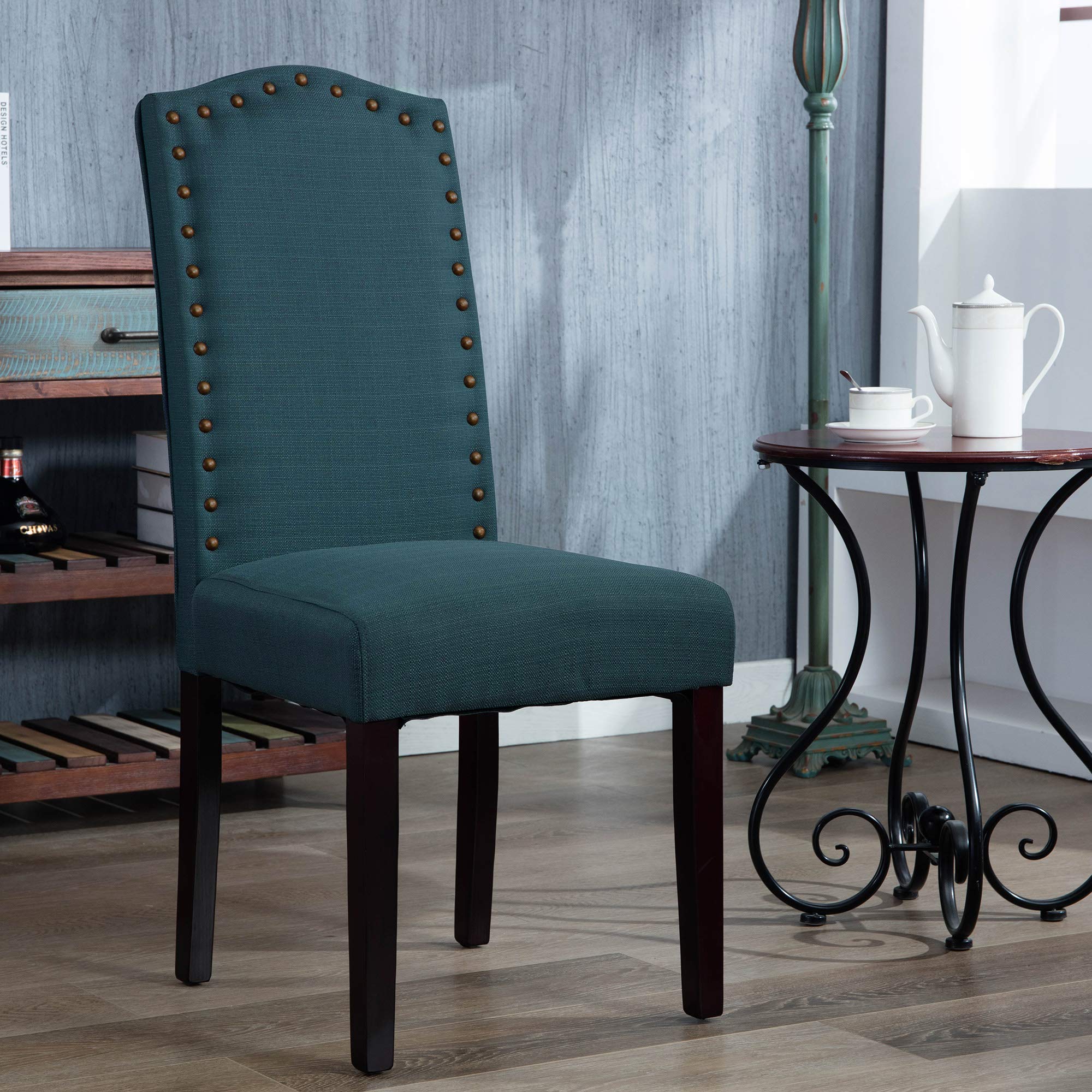 LSSBOUGHT Set of 2 Luxurious Fabric Dining Chairs with Copper Nails and Solid Wood Legs (Teal)