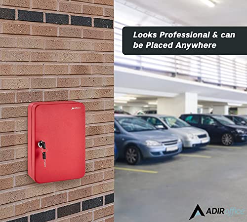 AdirOffice Key Lock Box Cabinet Wall Mount with Keys & 48 Colored Name Tags - Key Safe Organizer for A Mess Free Work Place Such As Car Dealer, Property Manager, Valet Parking & More (48 Keys, Red)