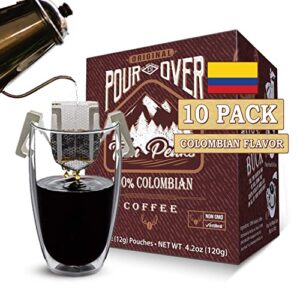 twin peaks pour over coffee colombian arabica single serve packet 10 pouches in box, premium 100% all natural, non gmo