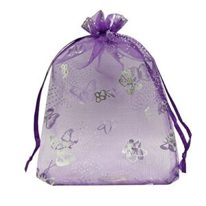 ankirol 100pcs sheer organza favor bags purple butterfly print for wedding bags samples display drawstring pouches (5x7)