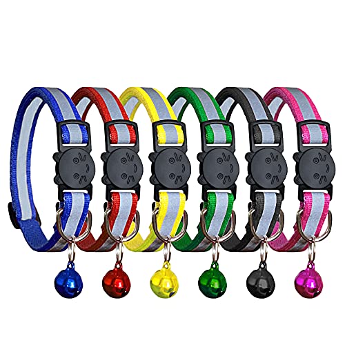 PACCOMFET FUNPET 6 Pcs Breakaway Cat Collar with Reflective Nylon Strip and Bell, Safe and Durable