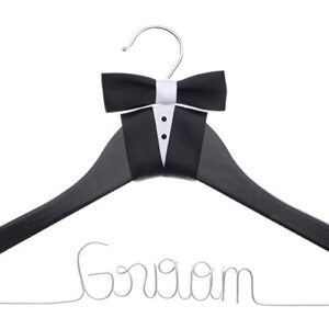 ella celebration groom hanger for tuxedo or suit, hangers for bridal party, wooden and wire, black wood (groom)