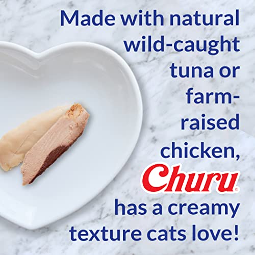 INABA Churu Cat Treats, Grain-Free, Lickable, Squeezable Creamy Purée Cat Treat/Topper with Vitamin E & Taurine, 0.5 Ounces Each Tube, 4 Tubes, Tuna with Salmon Recipe