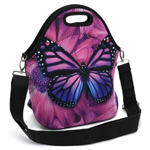 Insulated Neoprene Lunch Bag-Removable Shoulder Strap-X Large Size Reusable Thermal Thick Lunch Tote/Lunch Box/Cooler Bag With Wallet Pouch For Women,Teens,Girls,Kids,Baby,Adults (Purple Butterfly)