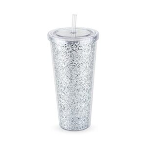 blush silver glam double walled glitter 24oz tumbler | reusable, leak-proof, travel, clear plastic, slim, iced coffee cup with silicone seal, screw-on-lid, and straw, 1 count (pack of 1)