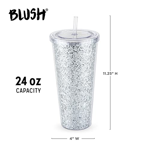 Blush Silver Glam Double Walled Glitter 24oz Tumbler | Reusable, Leak-Proof, Travel, Clear Plastic, Slim, Iced Coffee Cup with Silicone Seal, Screw-On-Lid, and Straw, 1 Count (Pack of 1)