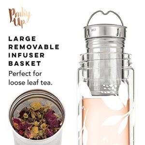 Pinky Up Blair Travel Tea Infuser Mug, Double Walled Insulated Travel Tumbler with Loose Leaf Tea Strainer, Travel Coffee Mug, Keeps Drinks Hot or Cold, 16 oz, White Leaf