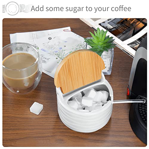 77L Sugar Bowl, Ceramic Sugar Bowl with Sugar Spoon and Bamboo Lid for Home and Kitchen - Modern Design, White, 8.58 FL OZ (254 ML)