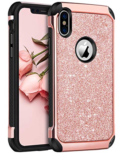 BENTOBEN iPhone X/10 Case, iPhone Xs (2018) Shockproof Glitter Sparkle Bling Girl Women 2 in 1 Shiny Faux Leather Hard PC Soft Bumper Protective Phone Cover for Apple iPhone X/XS 5.8", Rose Gold/Pink