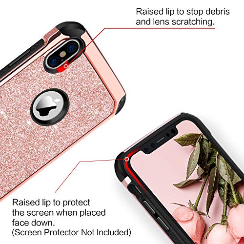 BENTOBEN iPhone X/10 Case, iPhone Xs (2018) Shockproof Glitter Sparkle Bling Girl Women 2 in 1 Shiny Faux Leather Hard PC Soft Bumper Protective Phone Cover for Apple iPhone X/XS 5.8", Rose Gold/Pink