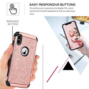 BENTOBEN iPhone X/10 Case, iPhone Xs (2018) Shockproof Glitter Sparkle Bling Girl Women 2 in 1 Shiny Faux Leather Hard PC Soft Bumper Protective Phone Cover for Apple iPhone X/XS 5.8", Rose Gold/Pink