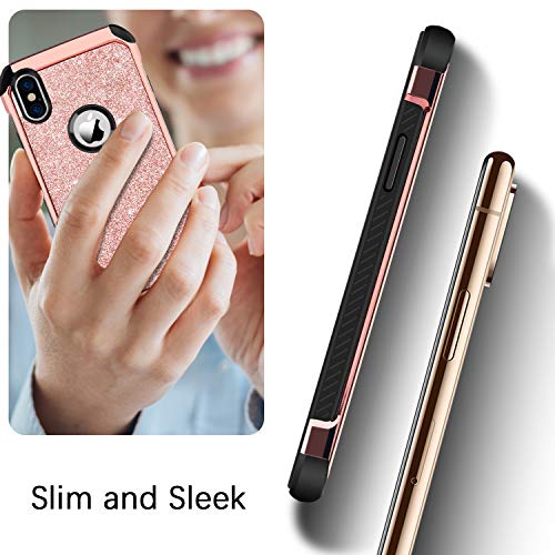 BENTOBEN iPhone X/10 Case, iPhone Xs (2018) Shockproof Glitter Sparkle Bling Girl Women 2 in 1 Shiny Faux Leather Hard PC Soft Bumper Protective Phone Cover for Apple iPhone X/XS 5.8", Rose Gold/Pink